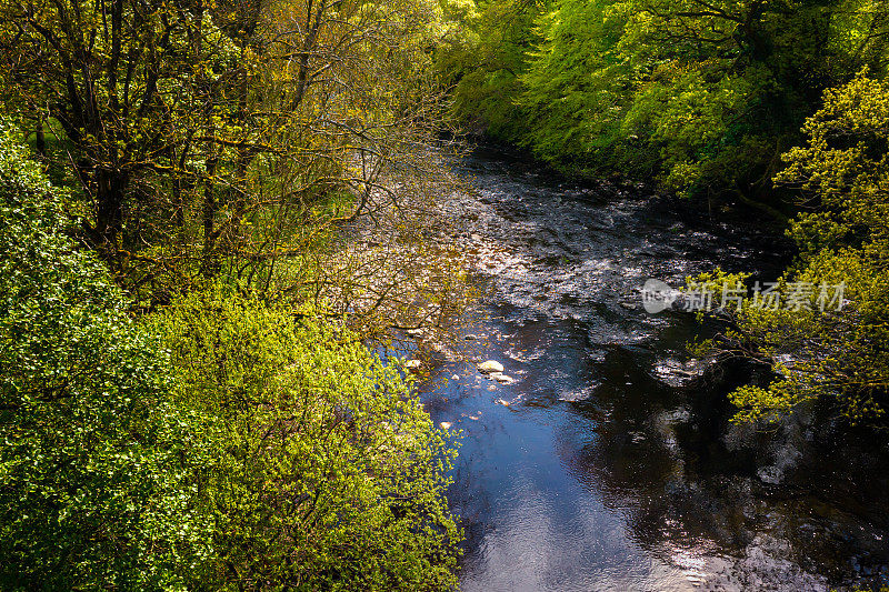 Drone view of a small rural river in Scotland